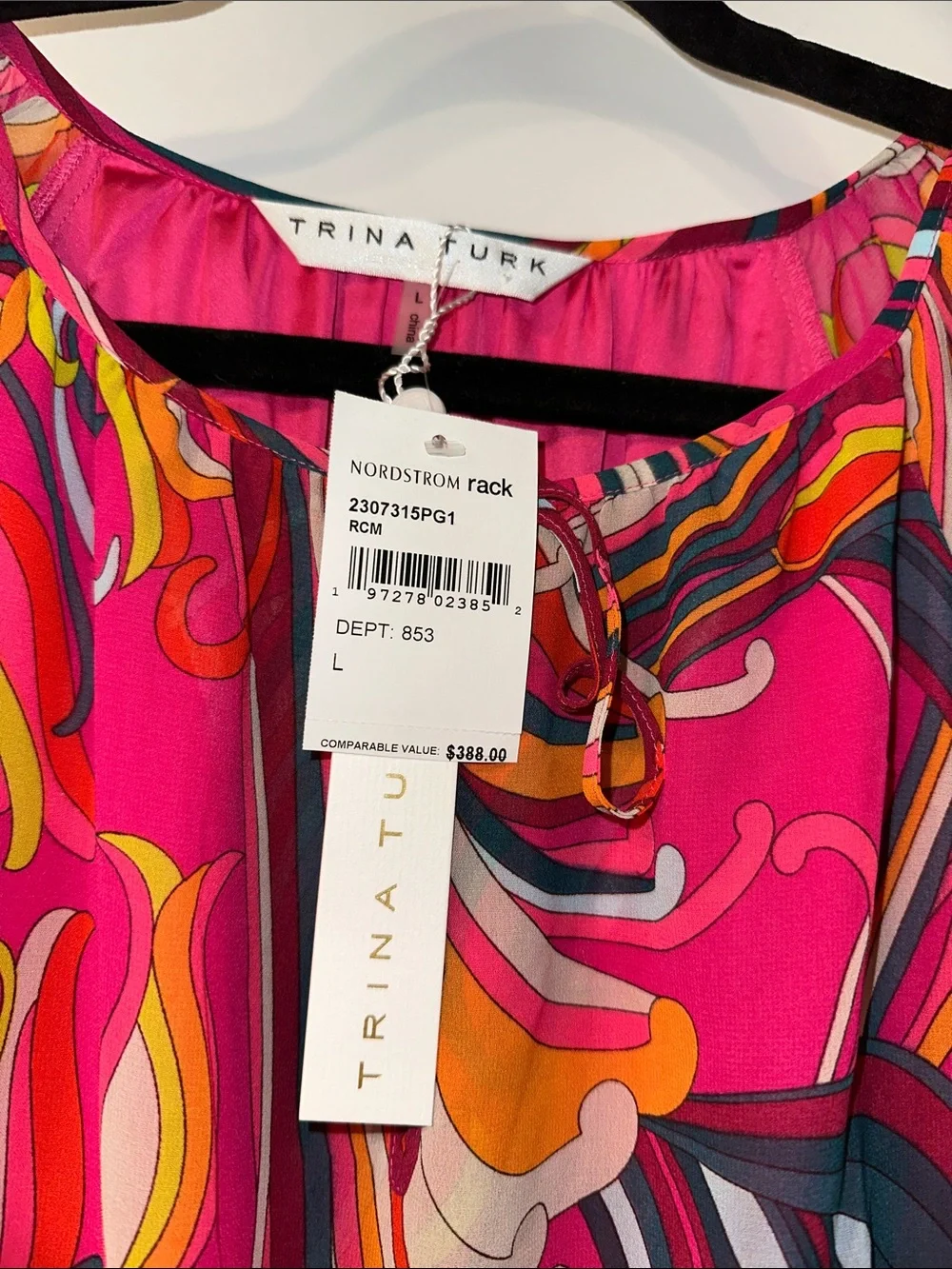 Trina Turk “Viti” red pink abstract 60s inspired print flounce dress L